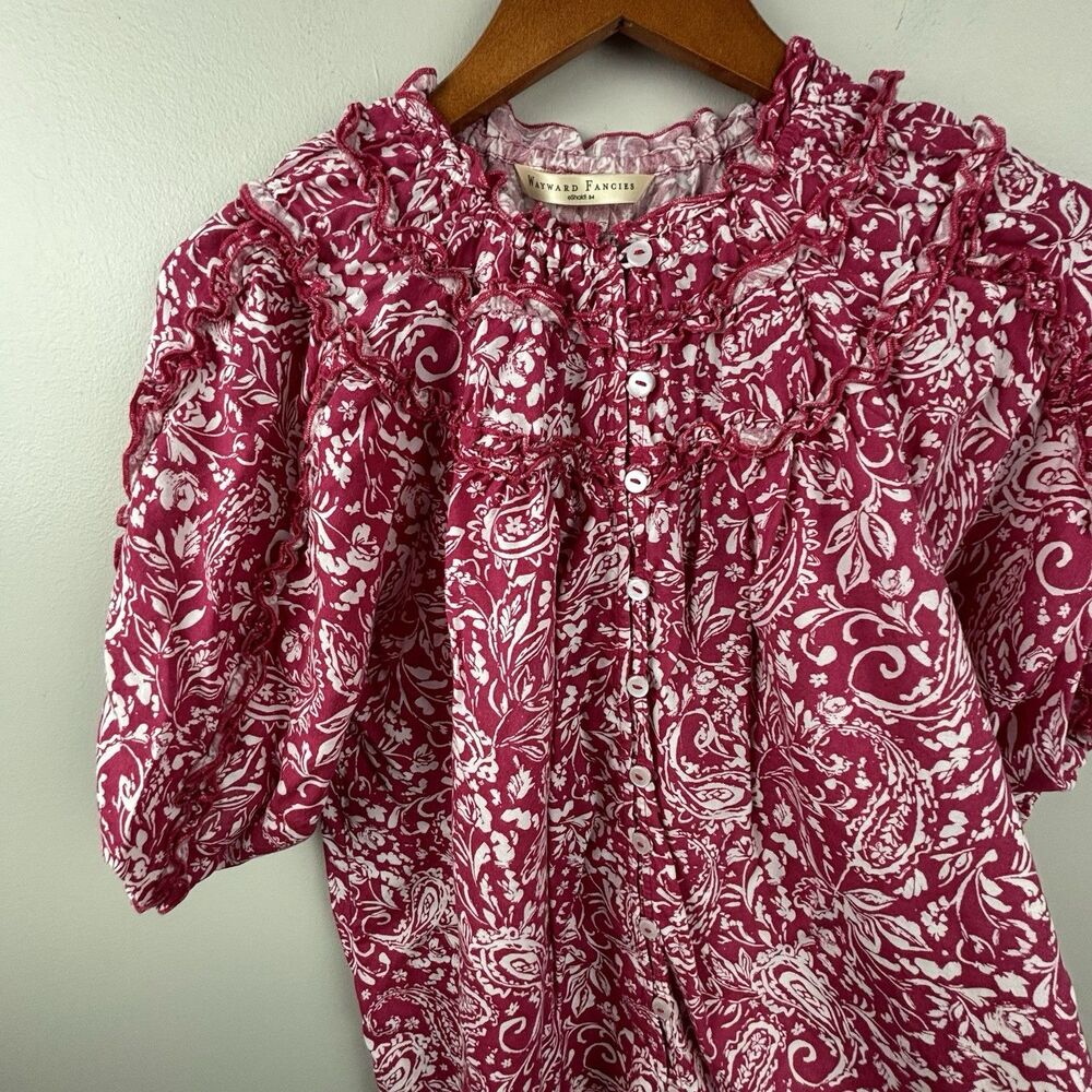 WAYWARD FANCIES Eshakti Pink Peasant Blouse Button Front Puff Sleeve Small S-4